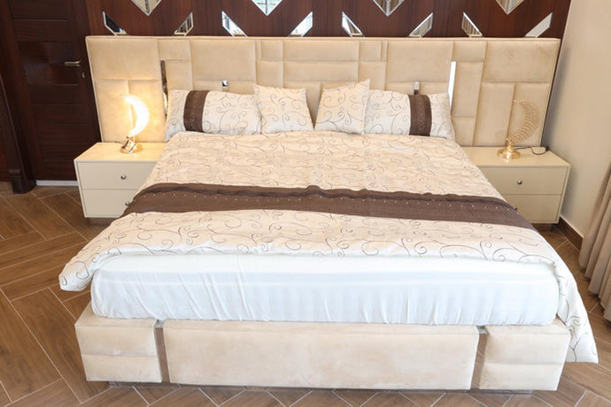 Beige and Brass bed with side tables